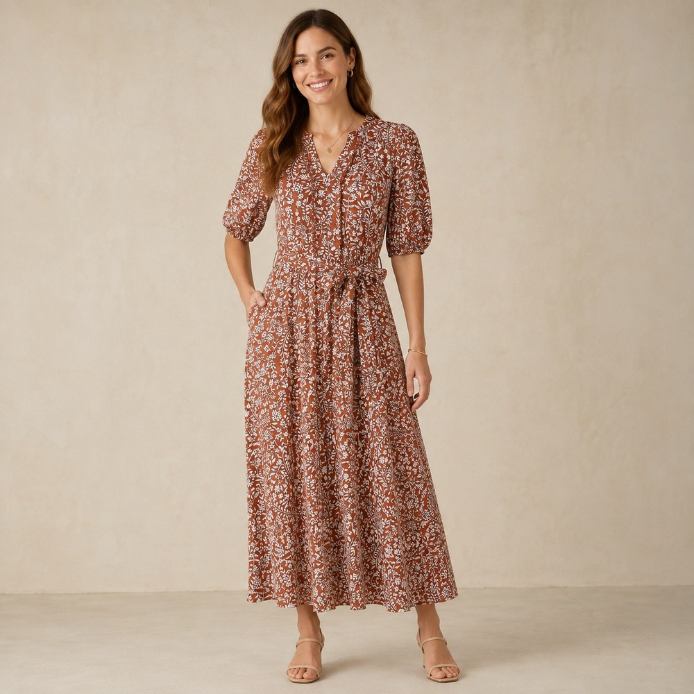 Boden Brown Floral Cotton Tencel Maxi Dress Puff Sleeve Tie Waist Size 4